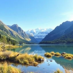 Create an image of a serene landscape with mountains, a clear blue sky, and a tranquil lake reflecting the scenery