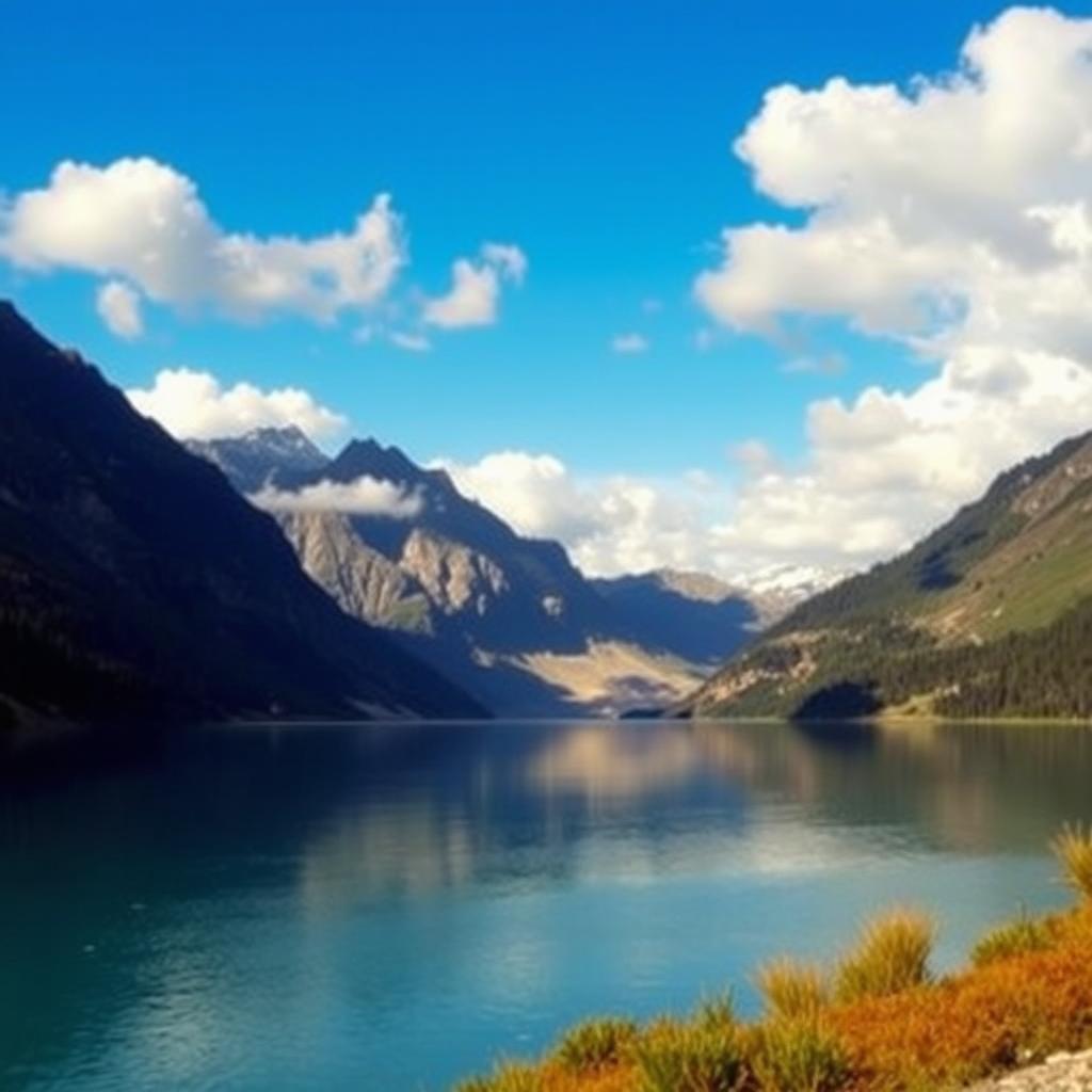 A serene landscape featuring a calm lake surrounded by mountains under a clear blue sky with fluffy clouds