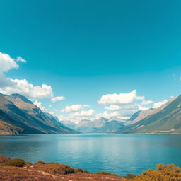 A serene landscape featuring a calm lake surrounded by mountains under a clear blue sky with fluffy clouds