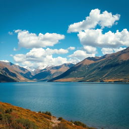 A serene landscape featuring a calm lake surrounded by mountains under a clear blue sky with fluffy clouds