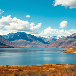 A serene landscape featuring a calm lake surrounded by mountains under a clear blue sky with fluffy clouds