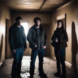 A group of three friends, who are ghost hunters, are exploring a haunted location