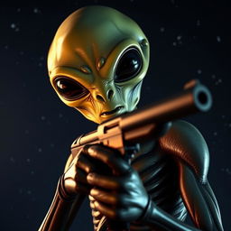 An alien holding a pistol, looking straight ahead