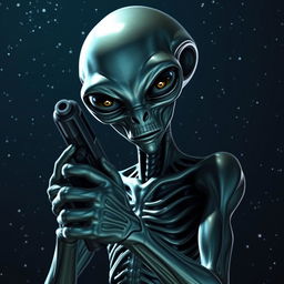 An alien holding a pistol, looking straight ahead