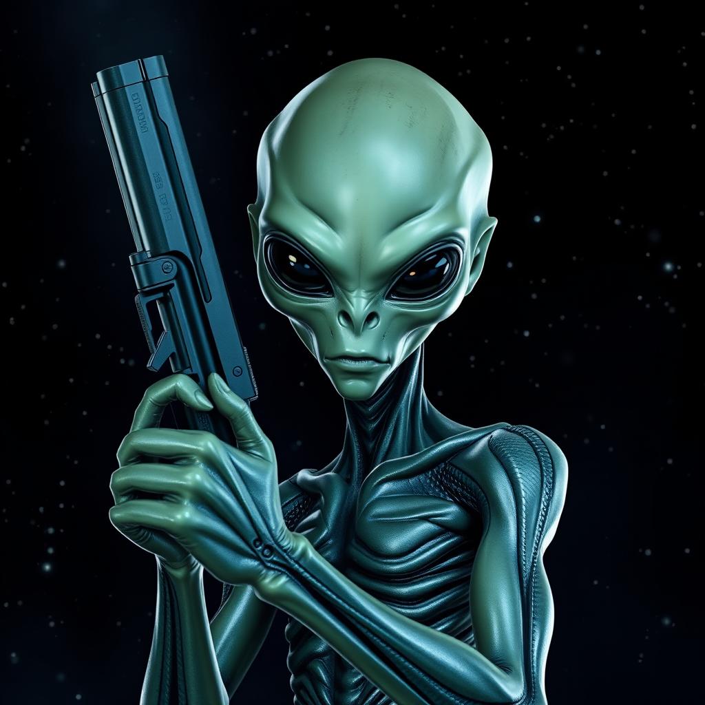 An alien holding a pistol, looking straight ahead