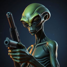 An alien holding a pistol, looking straight ahead