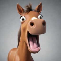 Generate an image of a friendly, cartoon horse with exaggeratedly long face expressing curiosity.