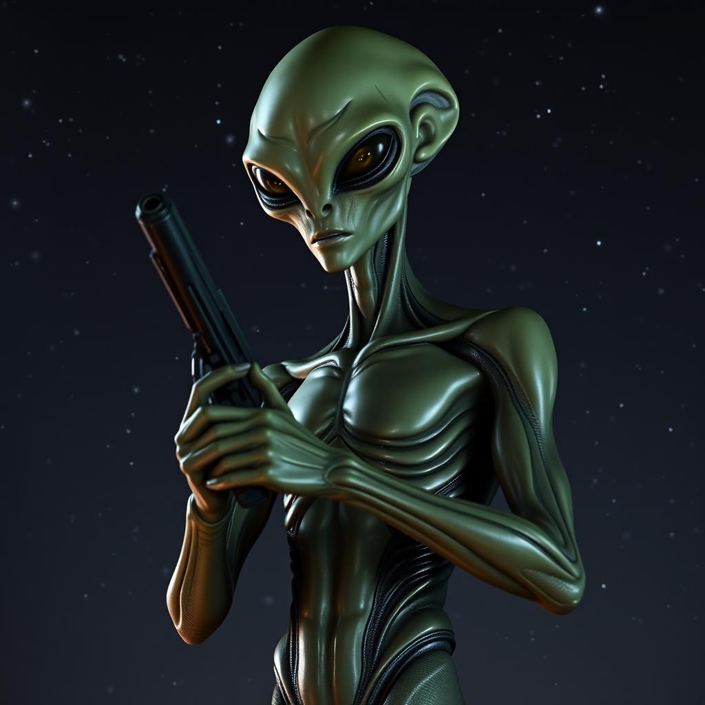 A full-body image of an alien holding a pistol, looking straight ahead