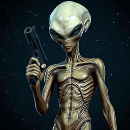 A full-body image of an alien holding a pistol, looking straight ahead