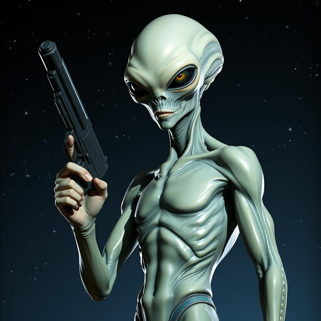 A full-body image of an alien holding a pistol, looking straight ahead