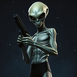 A full-body image of an alien holding a pistol, looking straight ahead