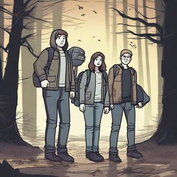 A group of three friends, who are ghost hunters, are exploring a haunted forest at night