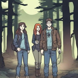 A group of three friends, who are ghost hunters, are exploring a haunted forest at night