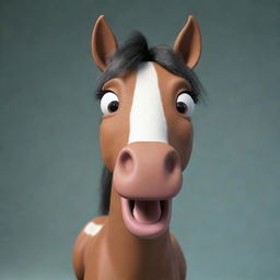 Generate an image of a friendly, cartoon horse with exaggeratedly long face expressing curiosity.