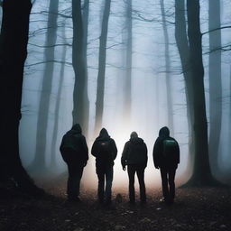 A group of three friends, who are ghost hunters, are exploring a dark and eerie forest at night