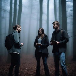 A group of three friends, who are ghost hunters, are exploring a dark and eerie forest at night