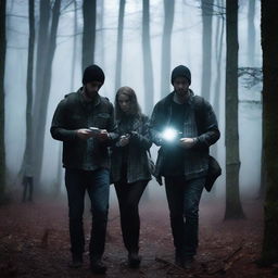 A group of three friends, who are ghost hunters, are exploring a dark and eerie forest at night