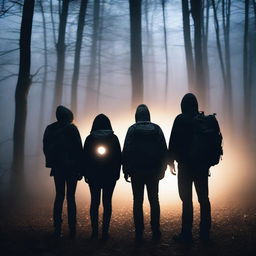 A group of three friends, who are ghost hunters, are exploring a dark and eerie forest at night