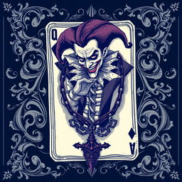 A detailed illustration of a joker card with intricate designs