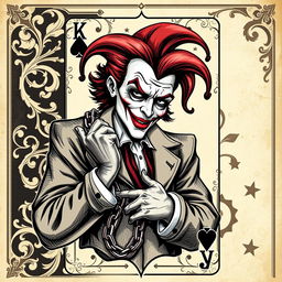 A detailed illustration of a joker card with intricate designs