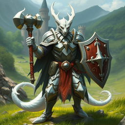 A heroic white dragonborn paladin clad in shining armor, wielding a mighty warhammer in one hand and a sturdy shield in the other