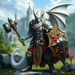 A heroic white dragonborn paladin clad in shining armor, wielding a mighty warhammer in one hand and a sturdy shield in the other