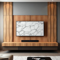 A modern television wall design featuring a sleek marble piece and wooden panels