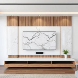 A modern television wall design featuring a sleek marble piece and wooden panels