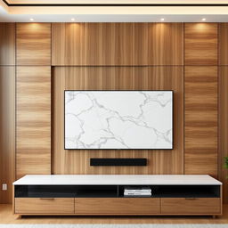 A modern television wall design featuring a sleek marble piece and wooden panels