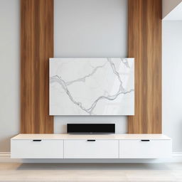 A modern television wall design featuring a sleek marble piece and wooden panels