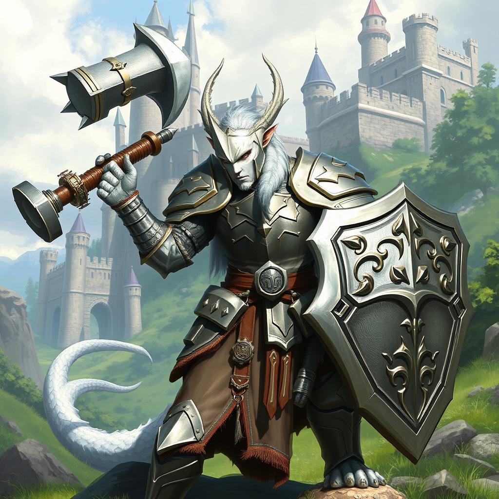 A heroic white dragonborn paladin clad in shining armor, wielding a mighty warhammer in one hand and a sturdy shield in the other