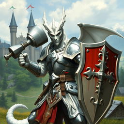 A heroic white dragonborn paladin clad in shining armor, wielding a mighty warhammer in one hand and a sturdy shield in the other