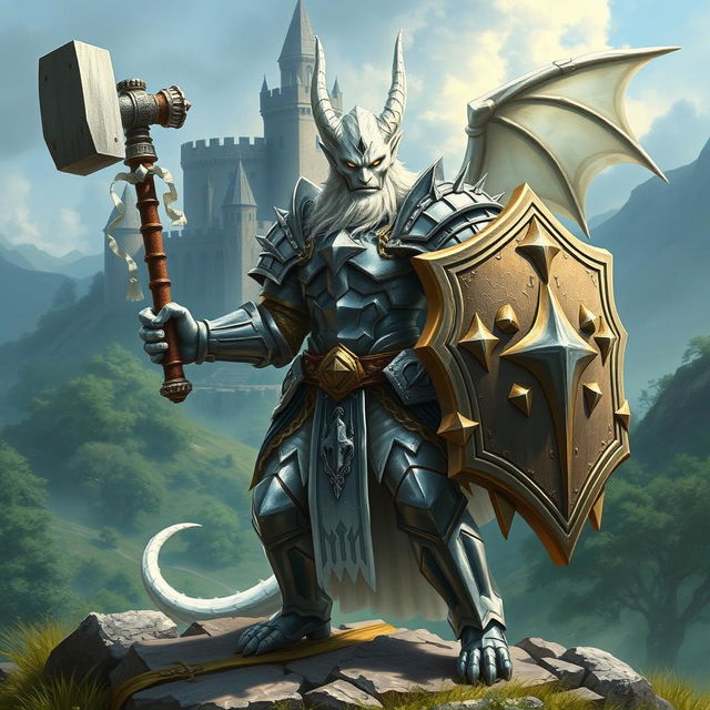 A heroic white dragonborn paladin clad in shining armor, wielding a mighty warhammer in one hand and a sturdy shield in the other