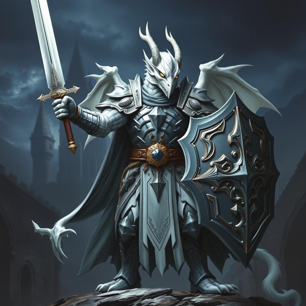 A white dragonborn paladin from Dungeons & Dragons 5th Edition, taking the Oath of Conquest