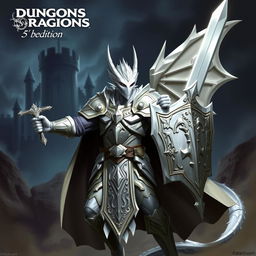 A white dragonborn paladin from Dungeons & Dragons 5th Edition, taking the Oath of Conquest