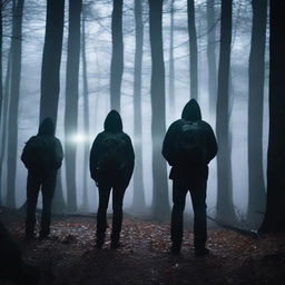 A group of four friends, who are ghost hunters, are exploring a dark and eerie forest at night