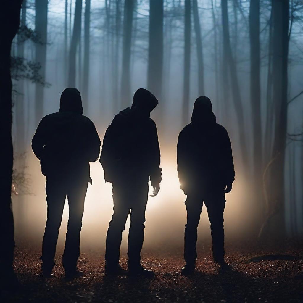 A group of four friends, who are ghost hunters, are exploring a dark and eerie forest at night