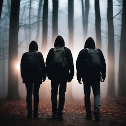 A group of four friends, who are ghost hunters, are exploring a dark and eerie forest at night