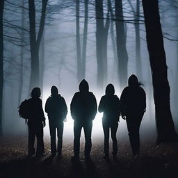 A group of four friends, who are ghost hunters, are exploring a dark and eerie forest at night