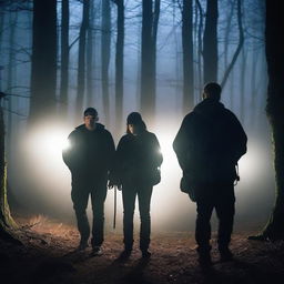 A group of friends, who are ghost hunters, are exploring a haunted forest at night