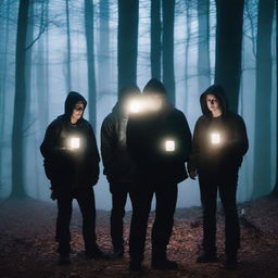 A group of friends, who are ghost hunters, are exploring a haunted forest at night