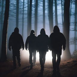 A group of friends, who are ghost hunters, are exploring a haunted forest at night