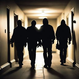 A group of friends, who are ghost hunters, are cautiously walking down a dark and narrow corridor