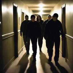 A group of friends, who are ghost hunters, are cautiously walking down a dark and narrow corridor