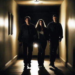 A group of friends, who are ghost hunters, are cautiously walking down a dark and narrow corridor