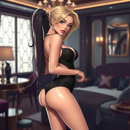 Create an image featuring a stylish and attractive character in a seductive pose