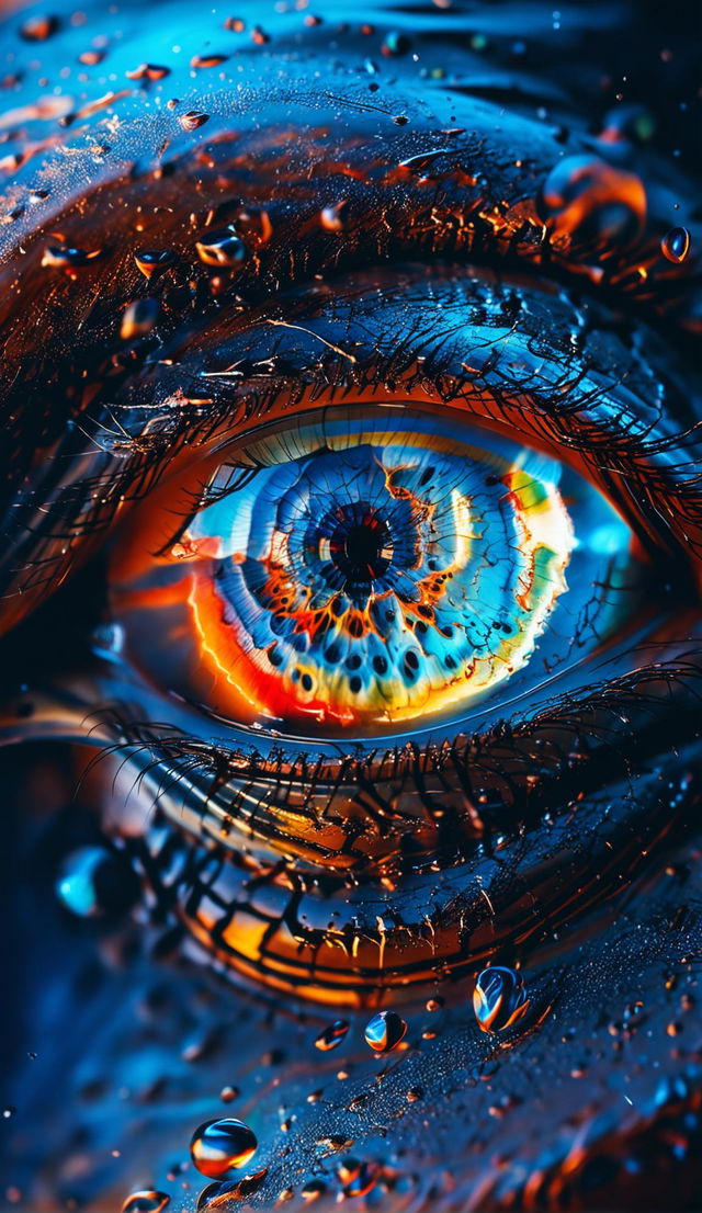 Hyper-realistic close-up of an eye with contrasting blue and orange hues, iridescent sheen, and a tear drop reflecting light. Styled after Matthias Haker and Serge Marshennikov.