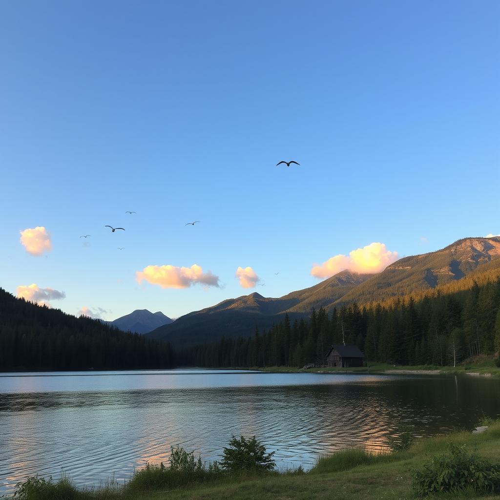 A beautiful and serene landscape featuring a calm lake surrounded by lush forests and mountains in the background