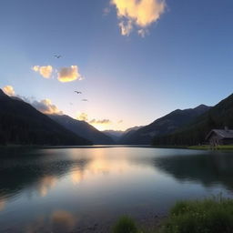 A beautiful and serene landscape featuring a calm lake surrounded by lush forests and mountains in the background