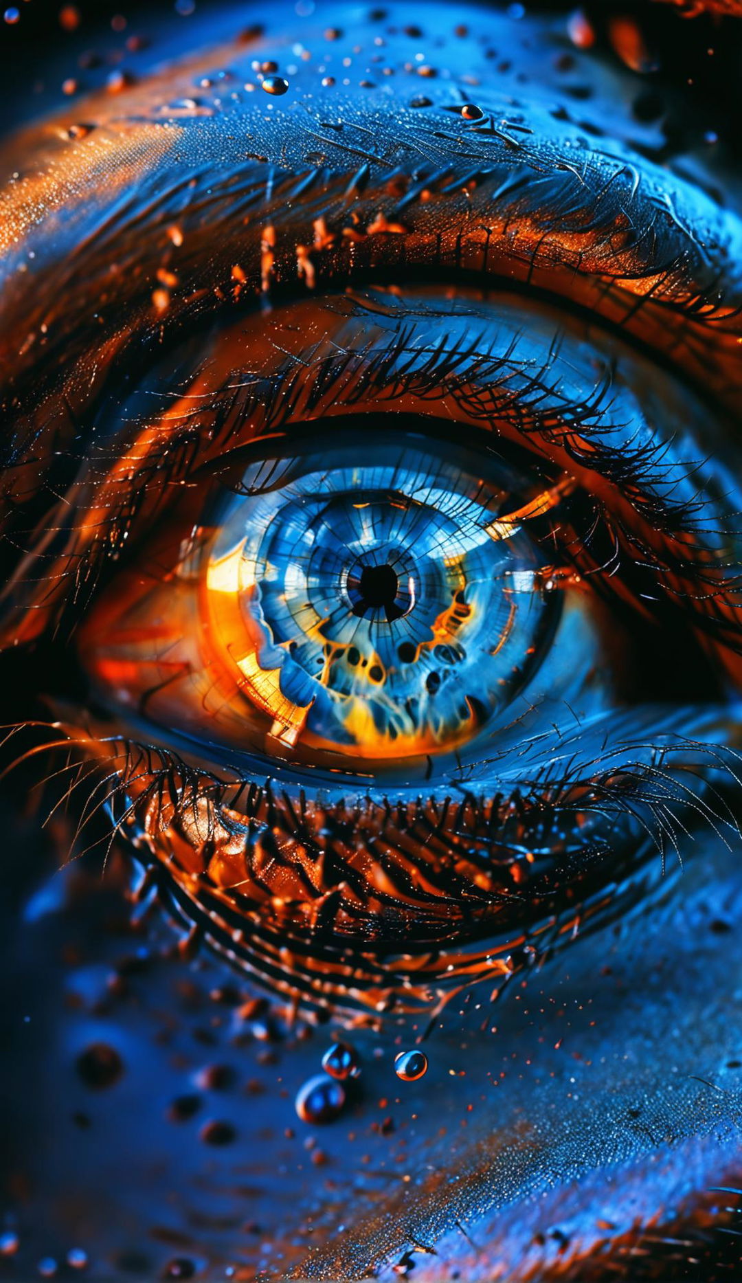 Hyper-realistic close-up of an eye with contrasting blue and orange hues, iridescent sheen, and a tear drop reflecting light against olive skin. Styled after Matthias Haker and Serge Marshennikov.